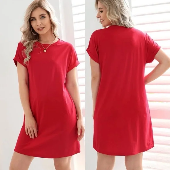 Rolled cuff short sleeve casual tee shirt dress white - Picture 3 of 4